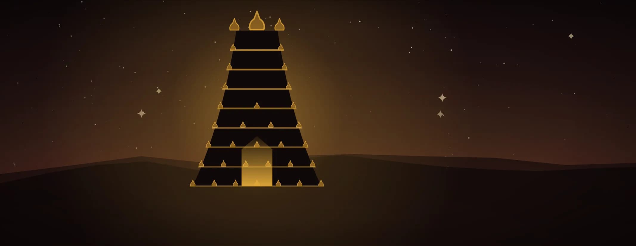 A tiered temple gopuram in silhouette with brass finials along every tier and its doorway lit, against a deep maroon night, the subject set well to the left of the frame, drawn for this page's topics band.