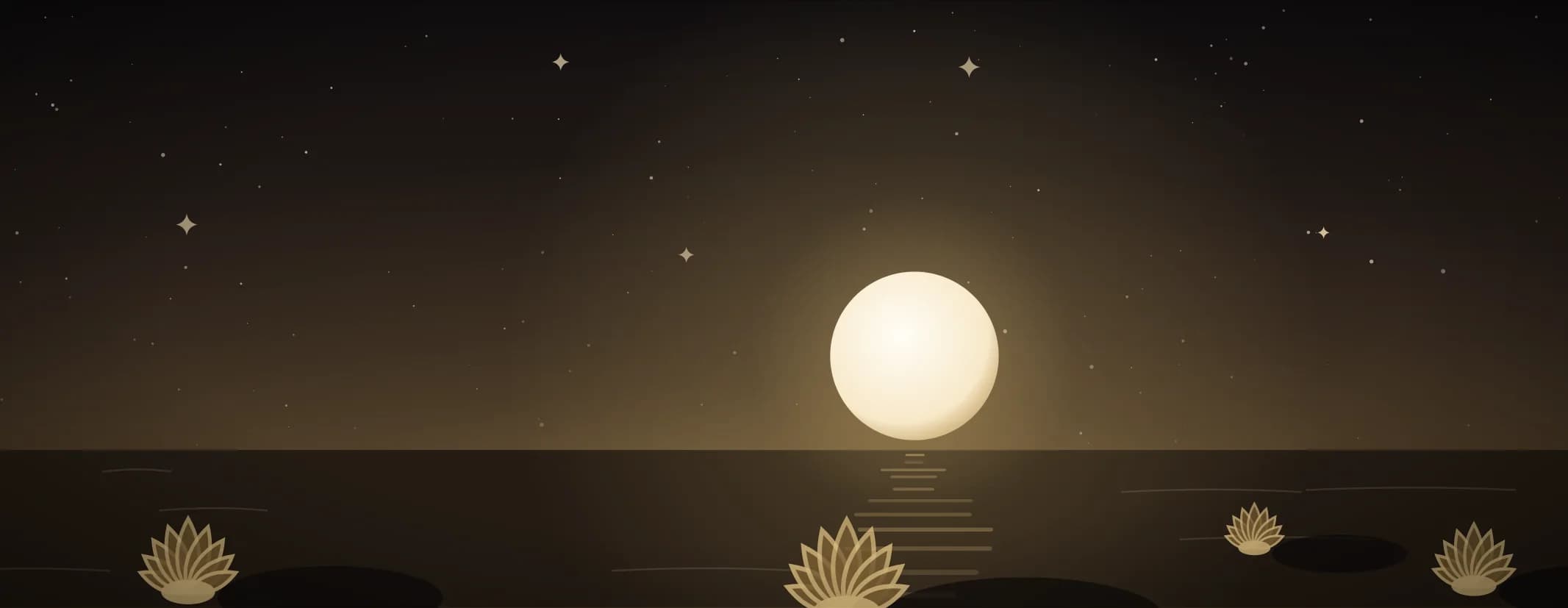 Lotus flowers open on quiet water beneath a low moon, faint ripples crossing the surface, in sandalwood and pale gold.