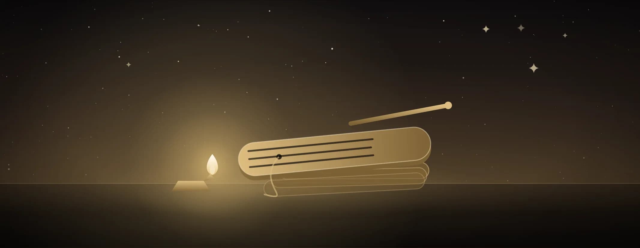 A bound bundle of palm-leaf pages with the topmost leaf opened and ruled with script, a stylus resting across it, lit by a small lamp.