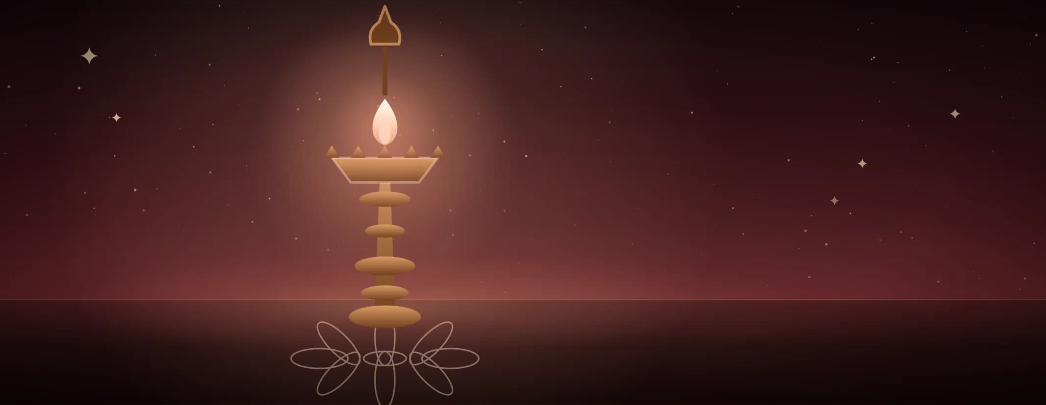 A brass lamp burning at the left of a dark red room, its halo throwing light across a kolam on the floor.