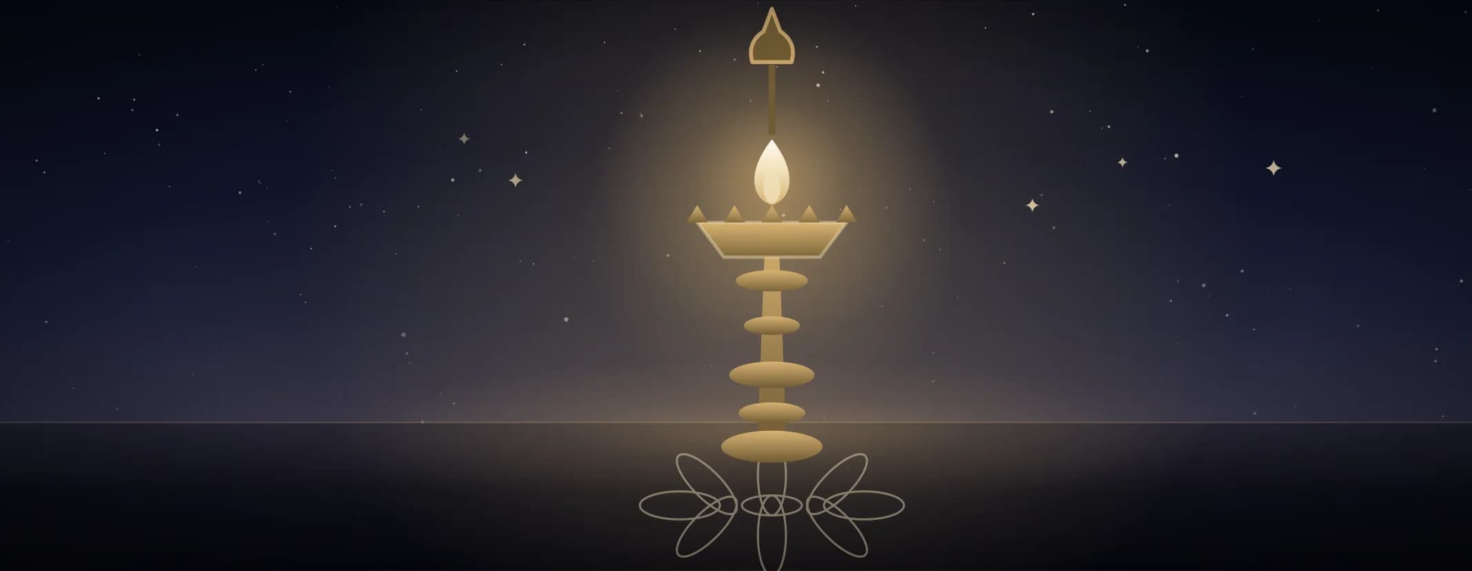 A single tall lamp burning in a wide dark room, its halo the only light, standing on a looped kolam under an indigo sky.
