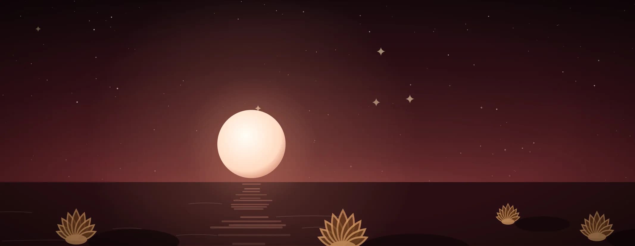 A full moon low over still water, its light broken into bands on the surface, with open lotus flowers on their pads in the foreground.
