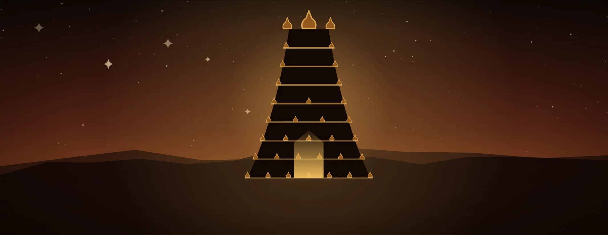 A temple gopuram in silhouette at first light, its doorway glowing, brass kalashas along every tier against a sunrise sky.