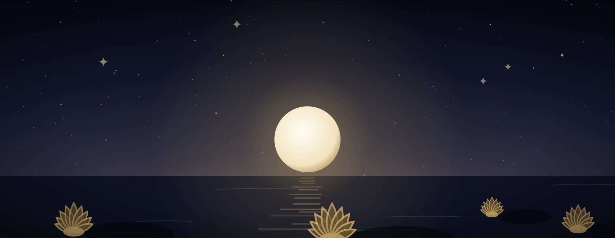 A moon directly above still water with lotus flowers on the surface, the reflection falling in broken bands toward the viewer.