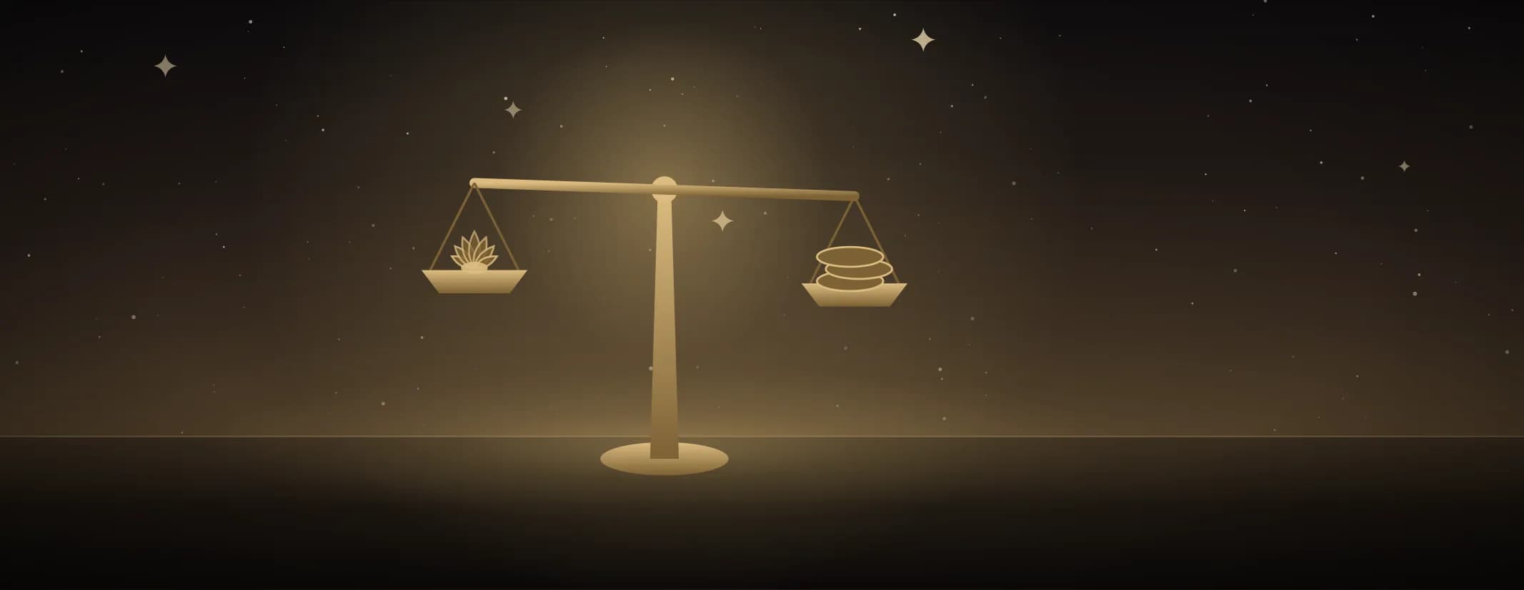 A brass balance standing on a lit floor, a lotus in the raised pan and coins in the lowered one, in warm sandalwood tones.
