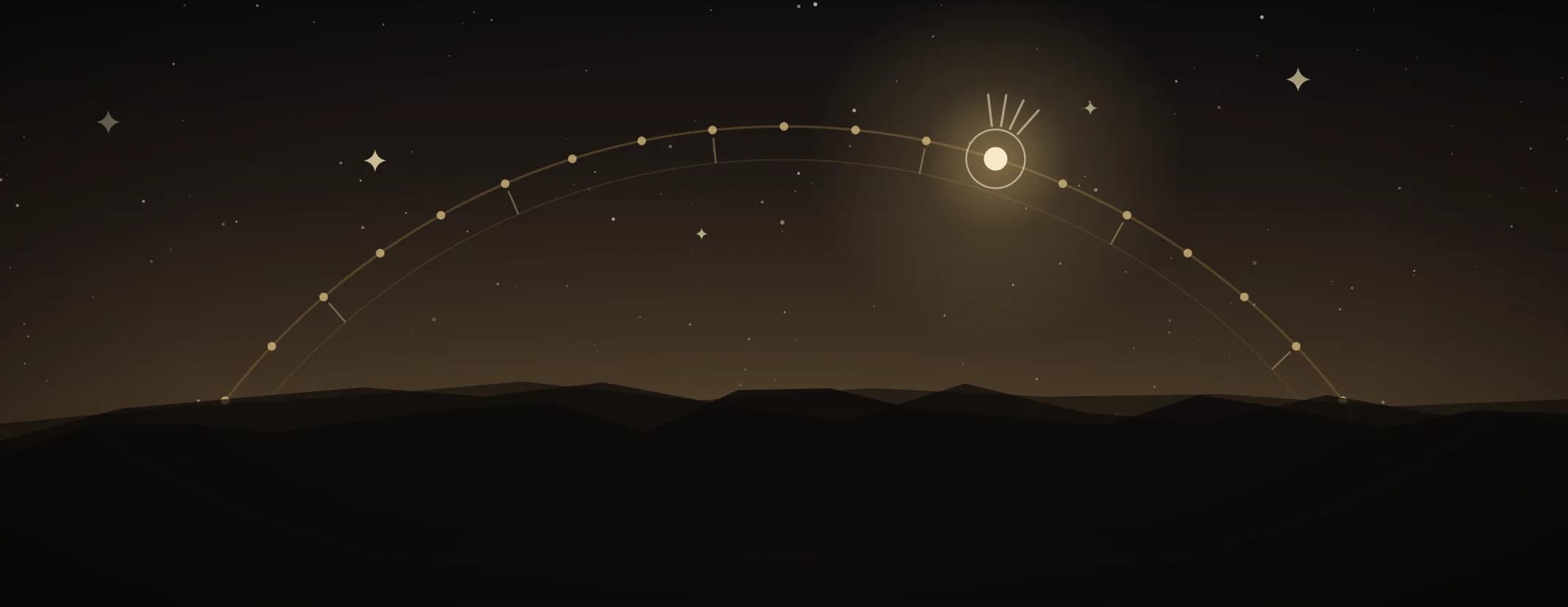A brass arc of marked points spanning the sky over layered ridges, one point to the right of centre opened into spokes.