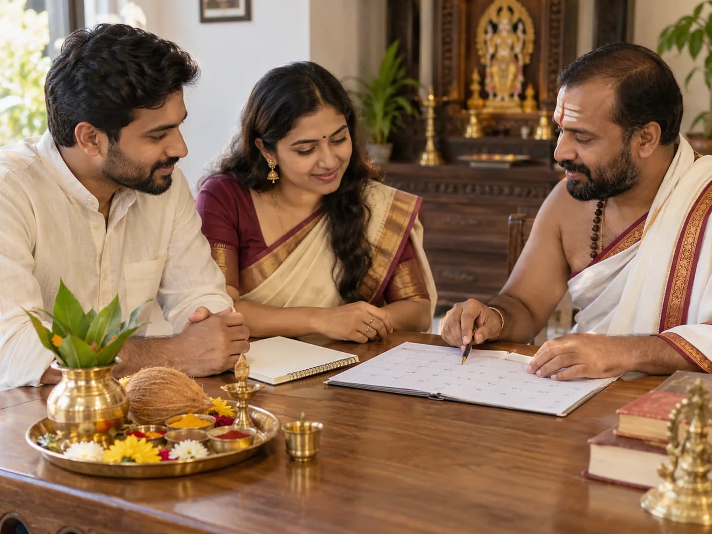 A family and Purohit plan a ceremony with a calendar, notebook and neatly arranged ritual materials.