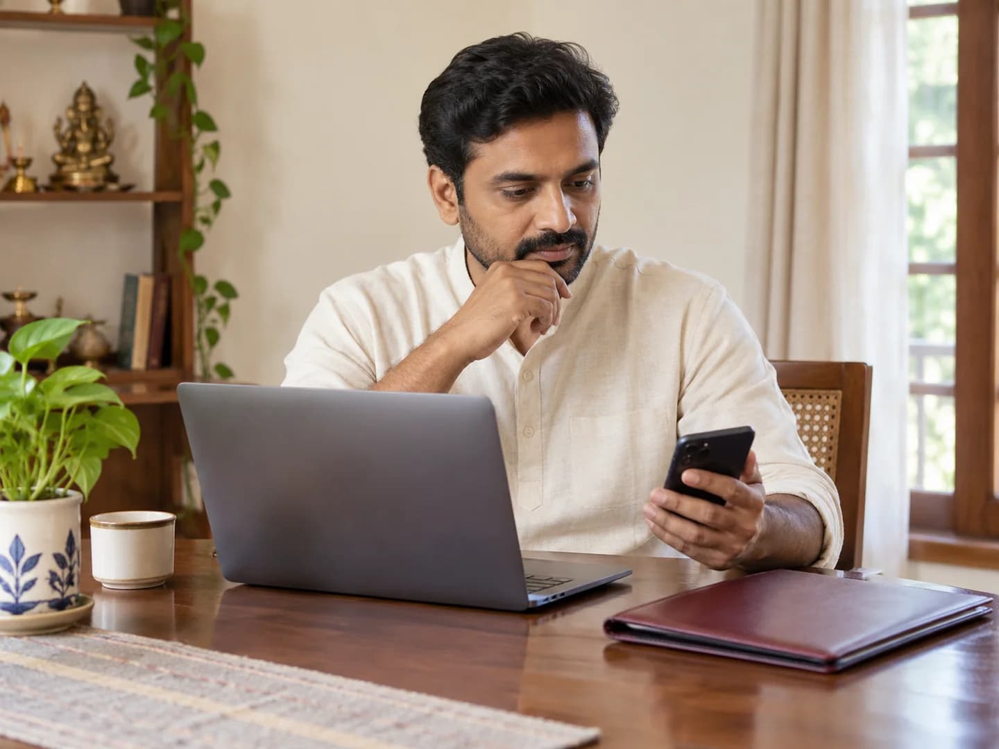 A customer reviews account preferences on a laptop in a private, quiet home workspace.