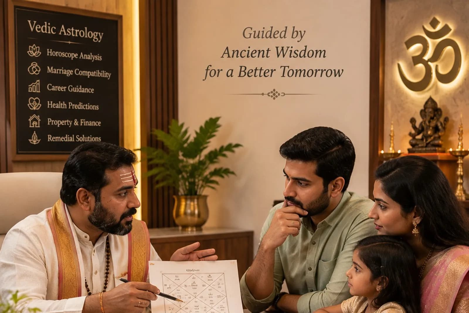An astrologer in traditional dress holding a printed South Indian square chart and pointing to one of its houses, explaining it across a desk to a couple and their young daughter.