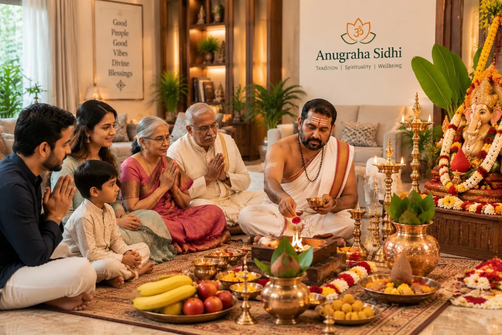Three generations of a family seated on a patterned mat with palms together while a priest offers into a small fire, a decorated Ganesha shrine and a brass kalasham beside them.