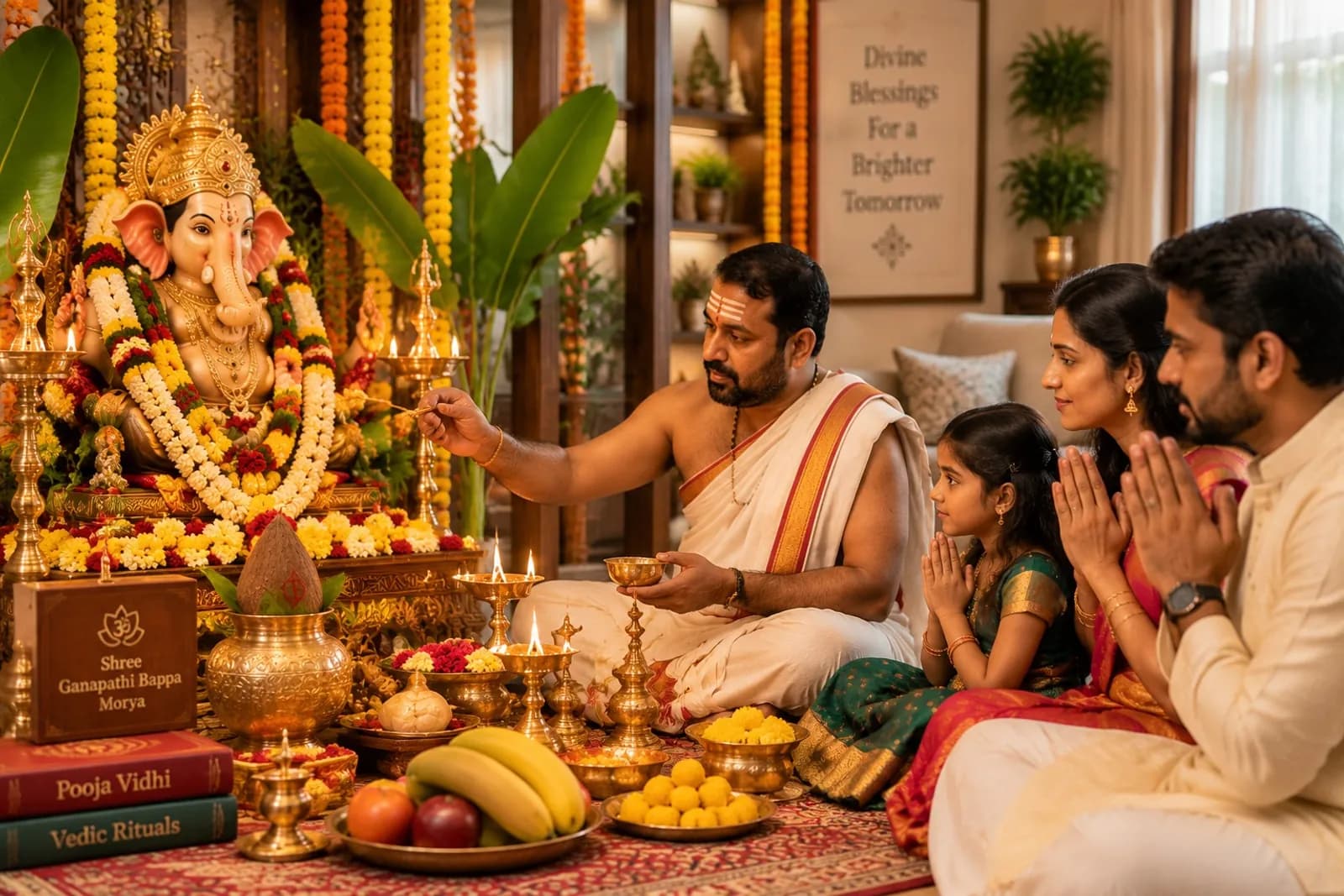 A priest performing a home pooja before a garlanded Ganesha idol, a family seated on the floor behind him with hands joined, lamps and offerings laid out on the mat.