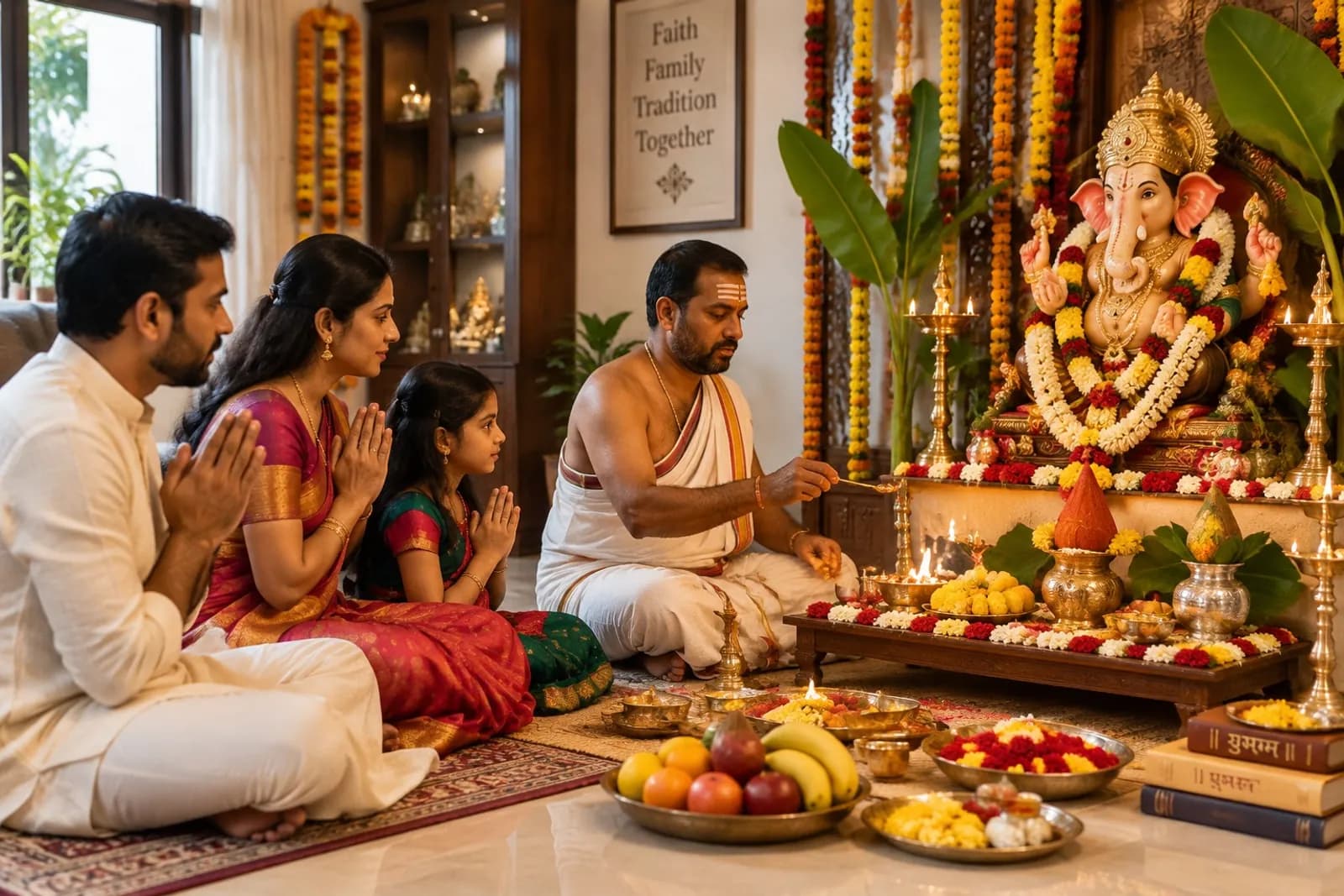 A close view of a Ganapathi pooja at home, the priest offering flowers at a garlanded idol while a family watches from the mat, oil lamps burning on both sides of the altar.
