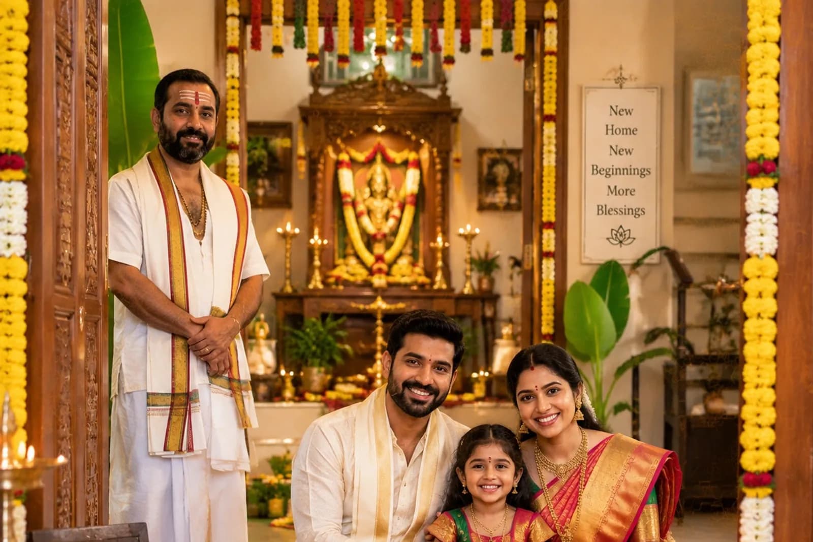 A family standing with their purohit in the doorway of a new home, marigold garlands hung down the frame and a lit, flower-decked shrine visible in the room behind them.