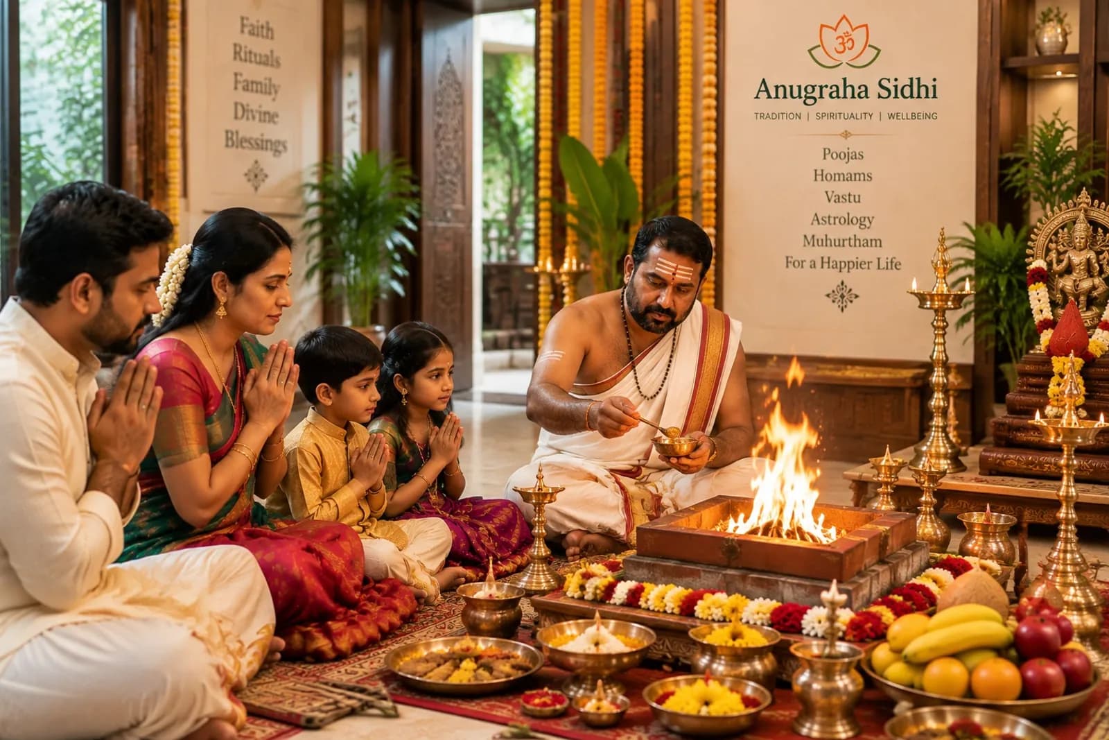 A homam burning in a square brick kunda, the officiating priest feeding the fire while a family sits alongside with palms together, plates of fruit and flowers around the pit.
