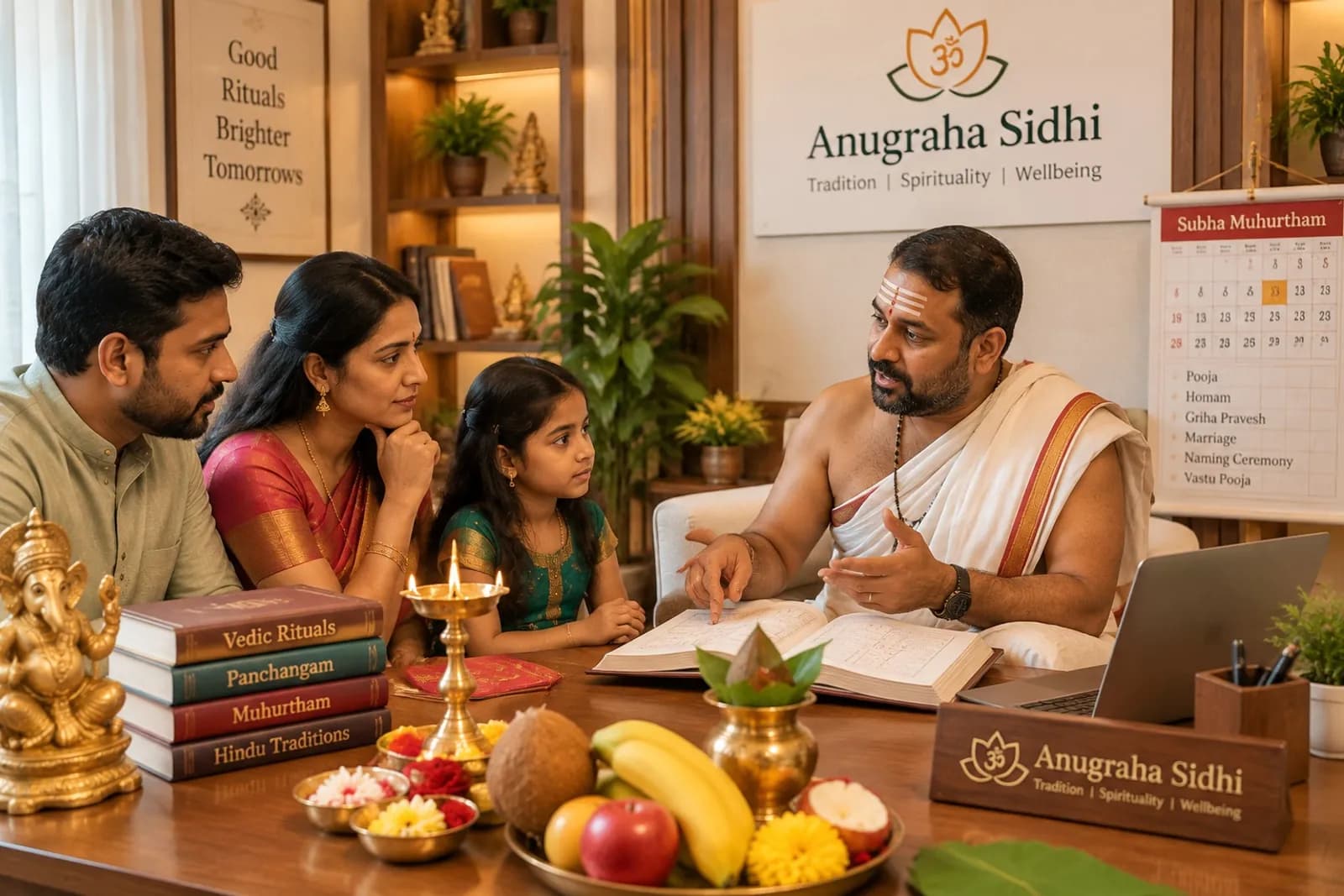 A purohit seated at a desk with a wall calendar of dates behind him, talking through a choice of timings with a family of four, brass lamps and a tray of fruit on the table.