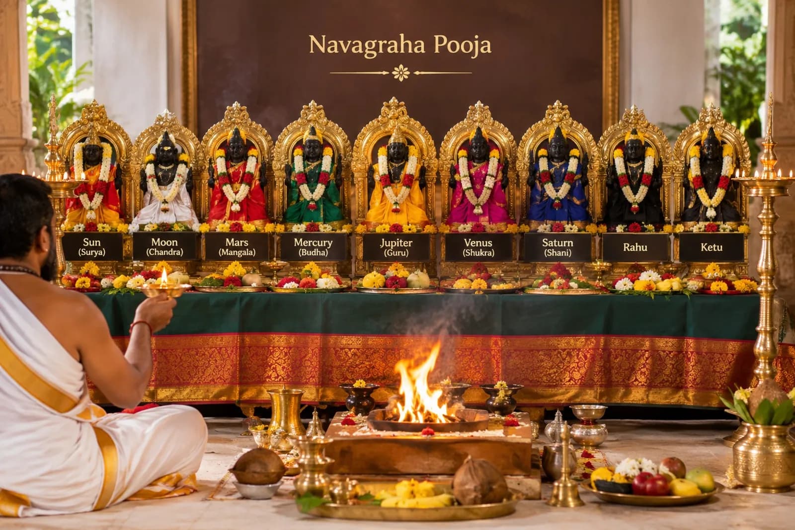A navagraha homam in progress: nine small deity idols in a row behind the altar, each garlanded, with the fire burning in a kunda in front and the priest seated beside it.