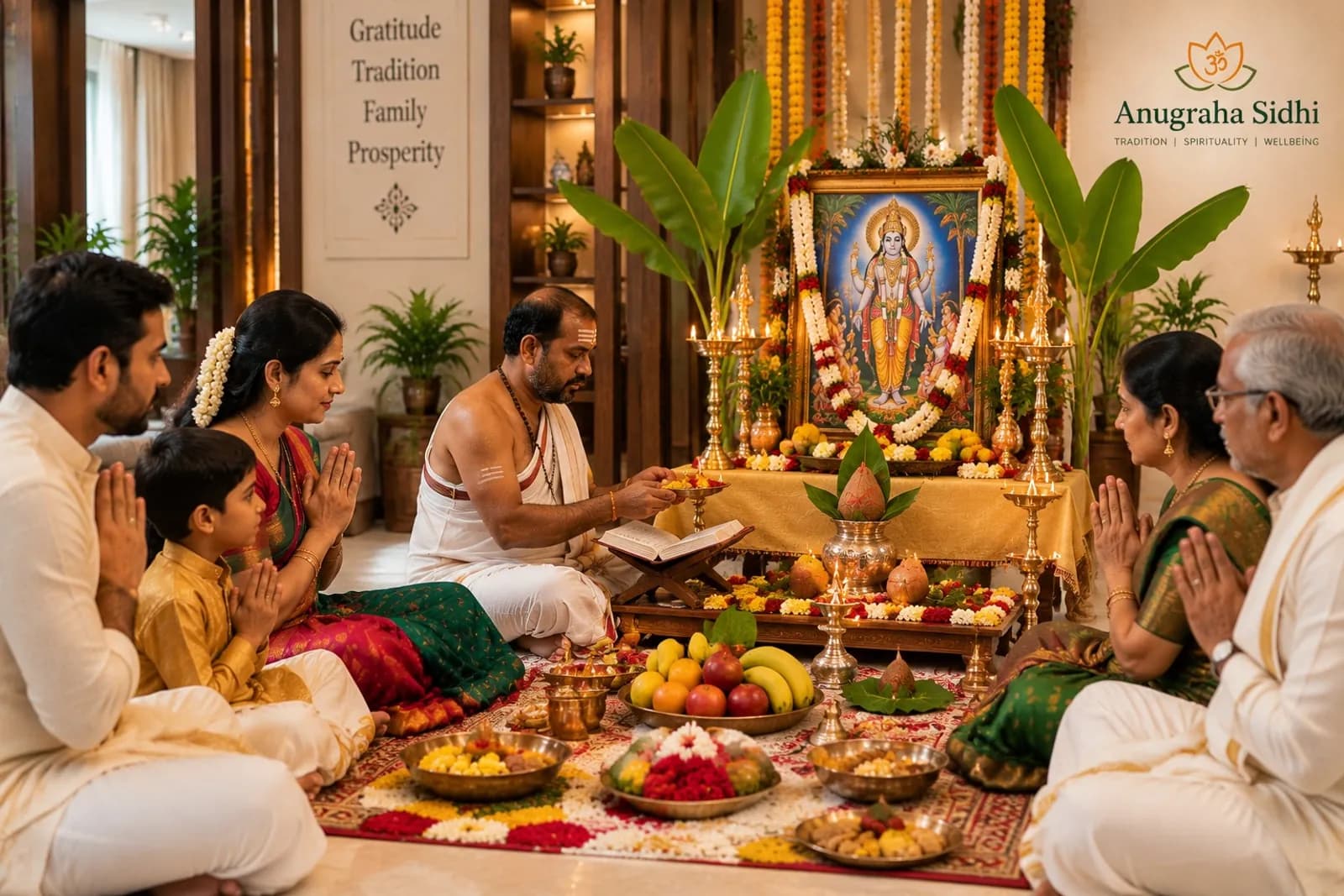 A Satyanarayana pooja at home: an open katha on a wooden stand, a framed Vishnu picture dressed in garlands, a silver kalasham topped with a coconut, and the family seated on both sides.