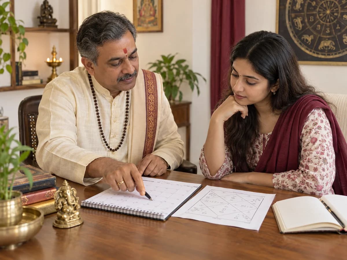 An astrologer and client discuss a birth chart alongside an annual planner.