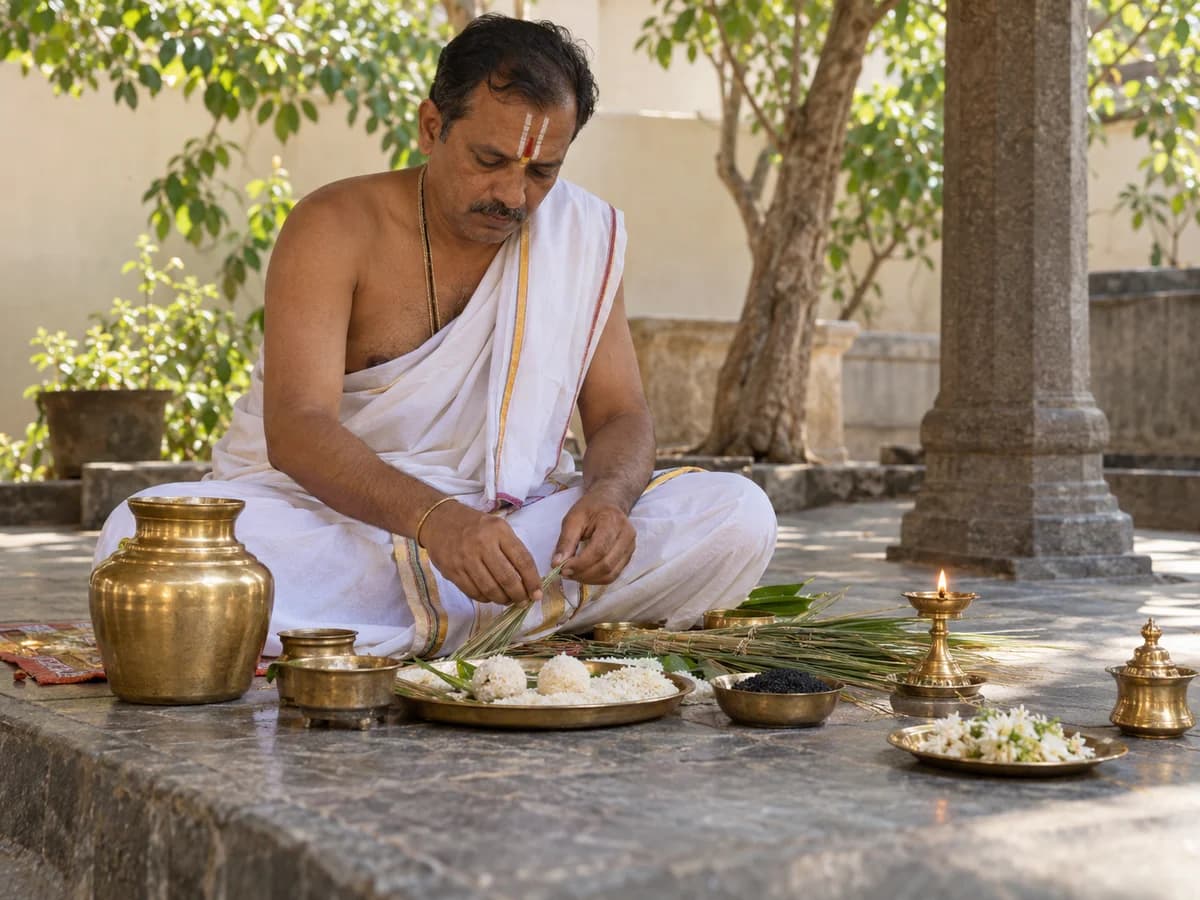 A purohit prepares rice offerings, darbha grass and brass vessels for ancestral rites.