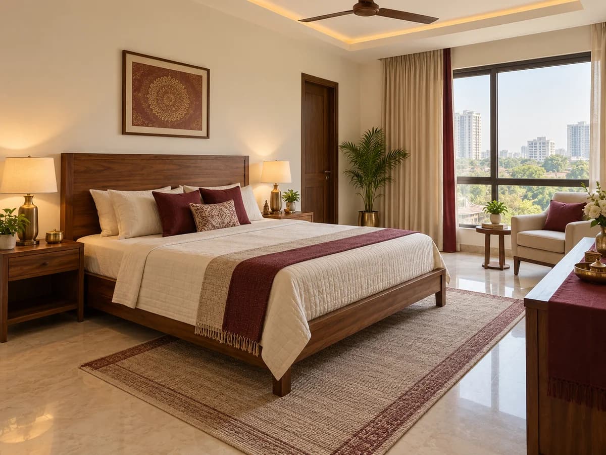 A calm Indian bedroom with a wooden bed, a solid headboard, bedside lamps and an uncluttered layout.