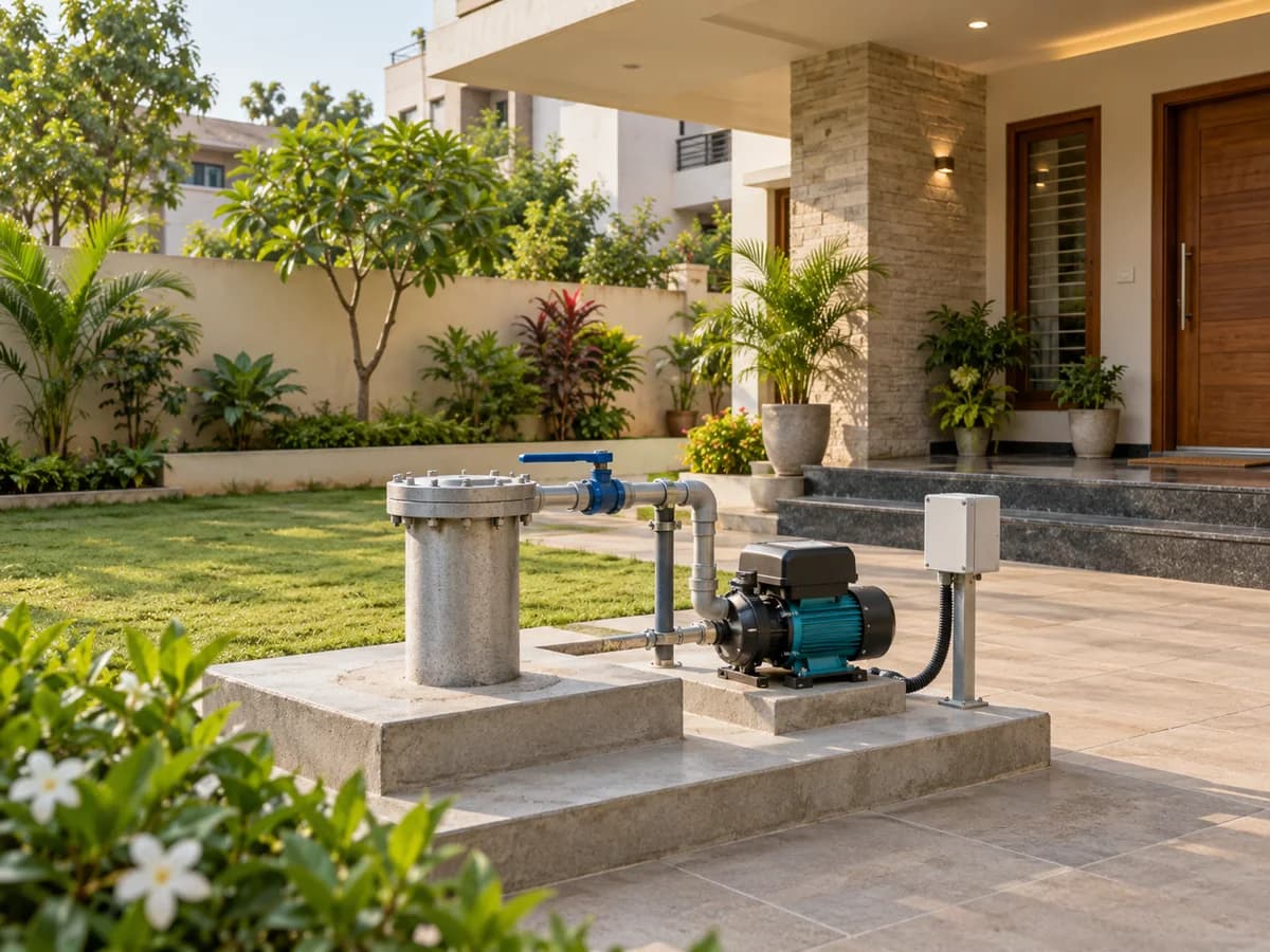 A capped domestic borewell installation on a concrete platform beside an Indian home.