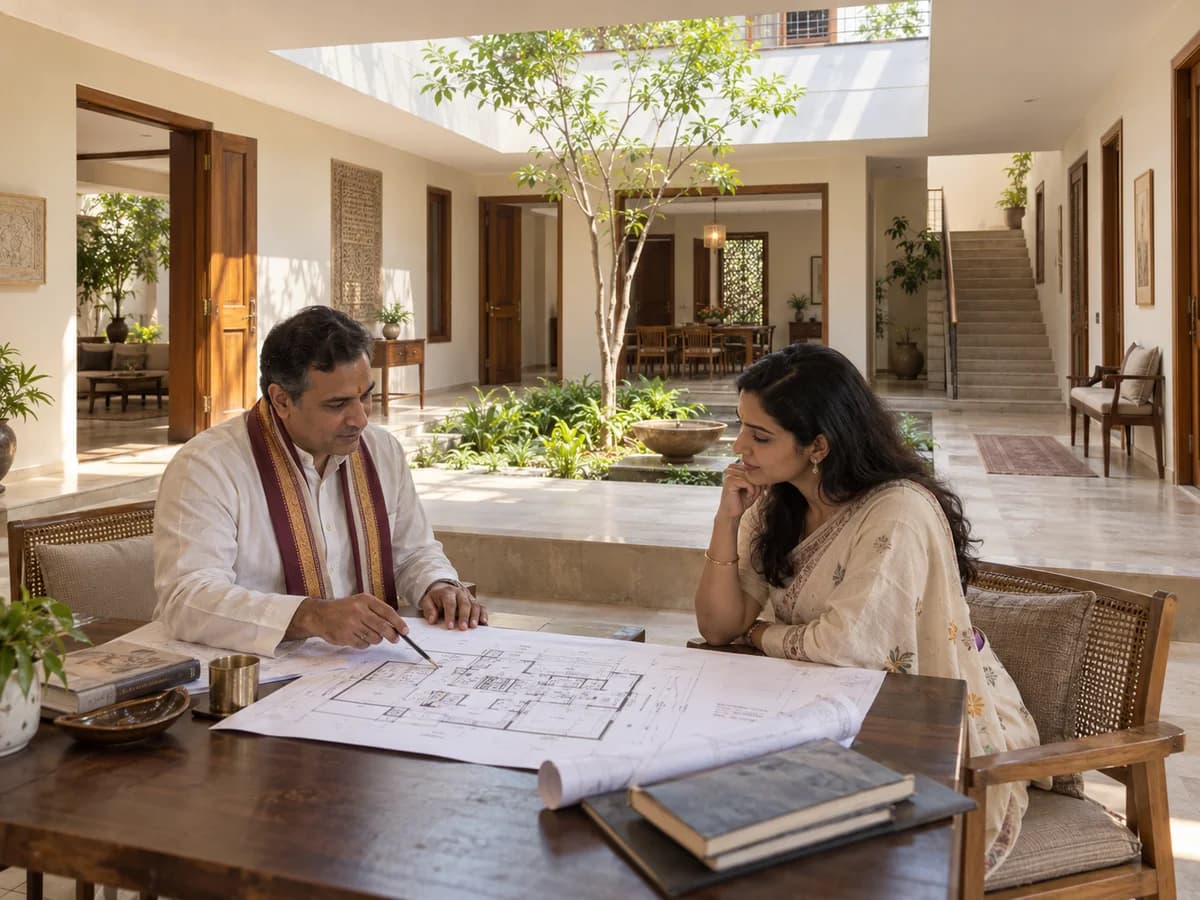 A Vastu consultant and homeowner review a floor plan beside an open central courtyard.