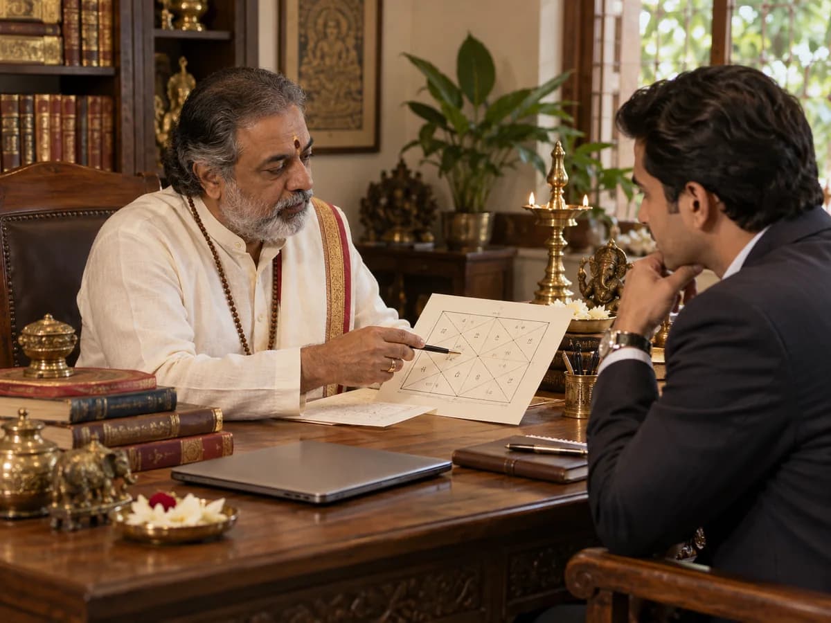 An astrologer reviews a birth chart with a business owner beside an organized notebook and laptop.