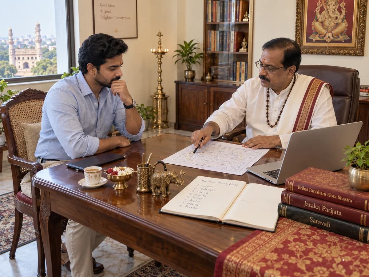 An entrepreneur and astrologer review a horoscope and shortlisted business names.