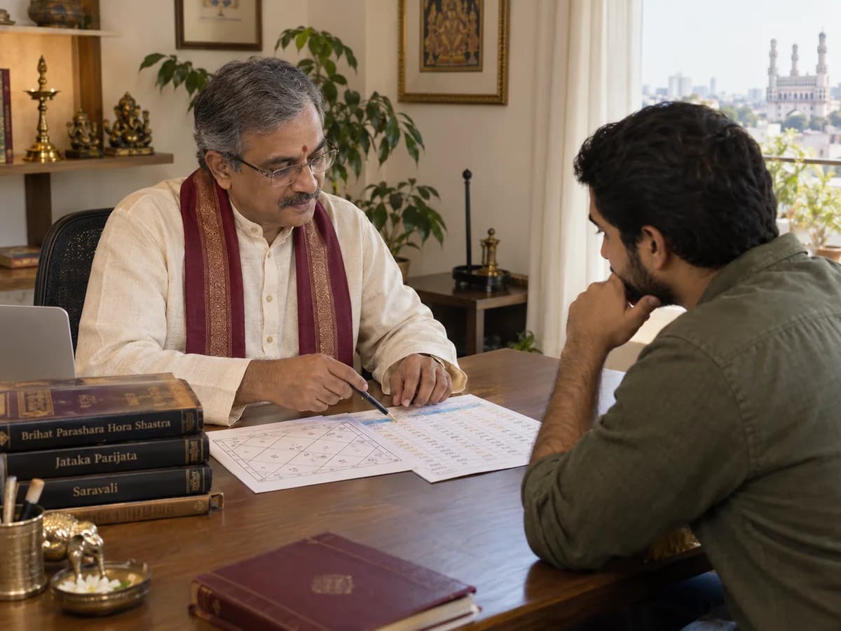 An astrologer and client review a birth chart and timeline during a Dasha consultation.