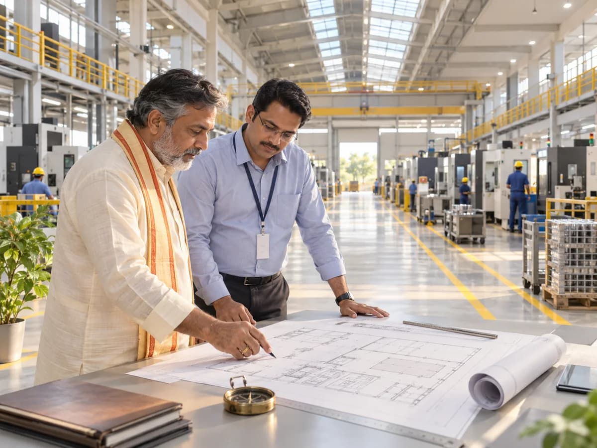 A consultant and manager review a factory floor plan beside organized machinery and clear aisles.