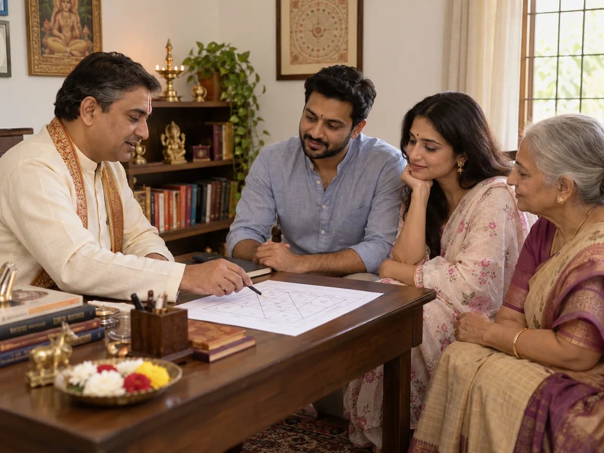An astrologer reviews a birth chart with a couple and an elderly family member in a warm consultation room.