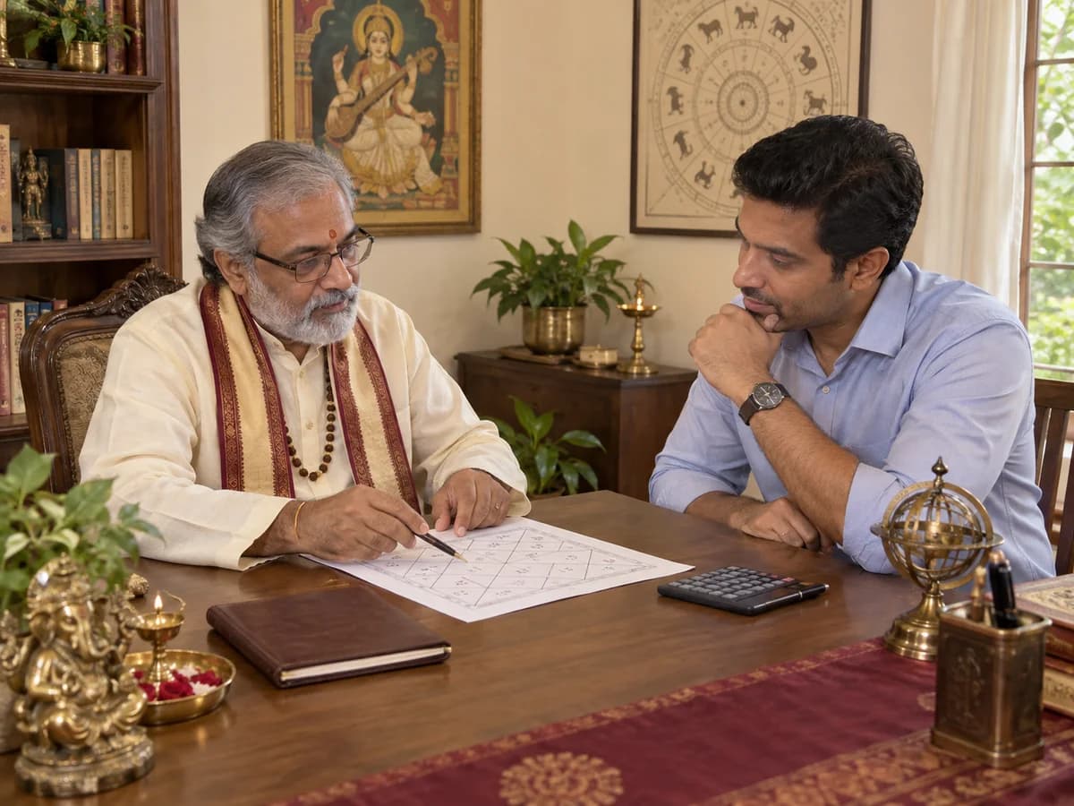 An astrologer and client review a birth chart and financial notes during a consultation.