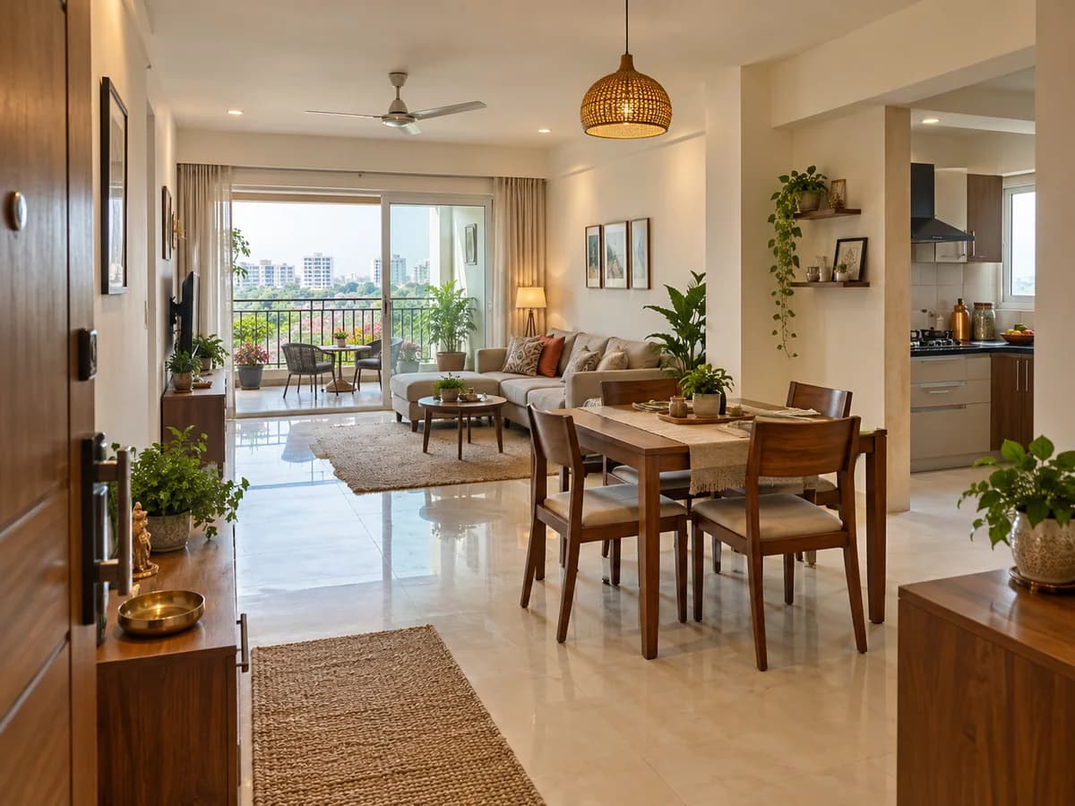An apartment living and dining area with a balcony, kitchen and clear entry path.