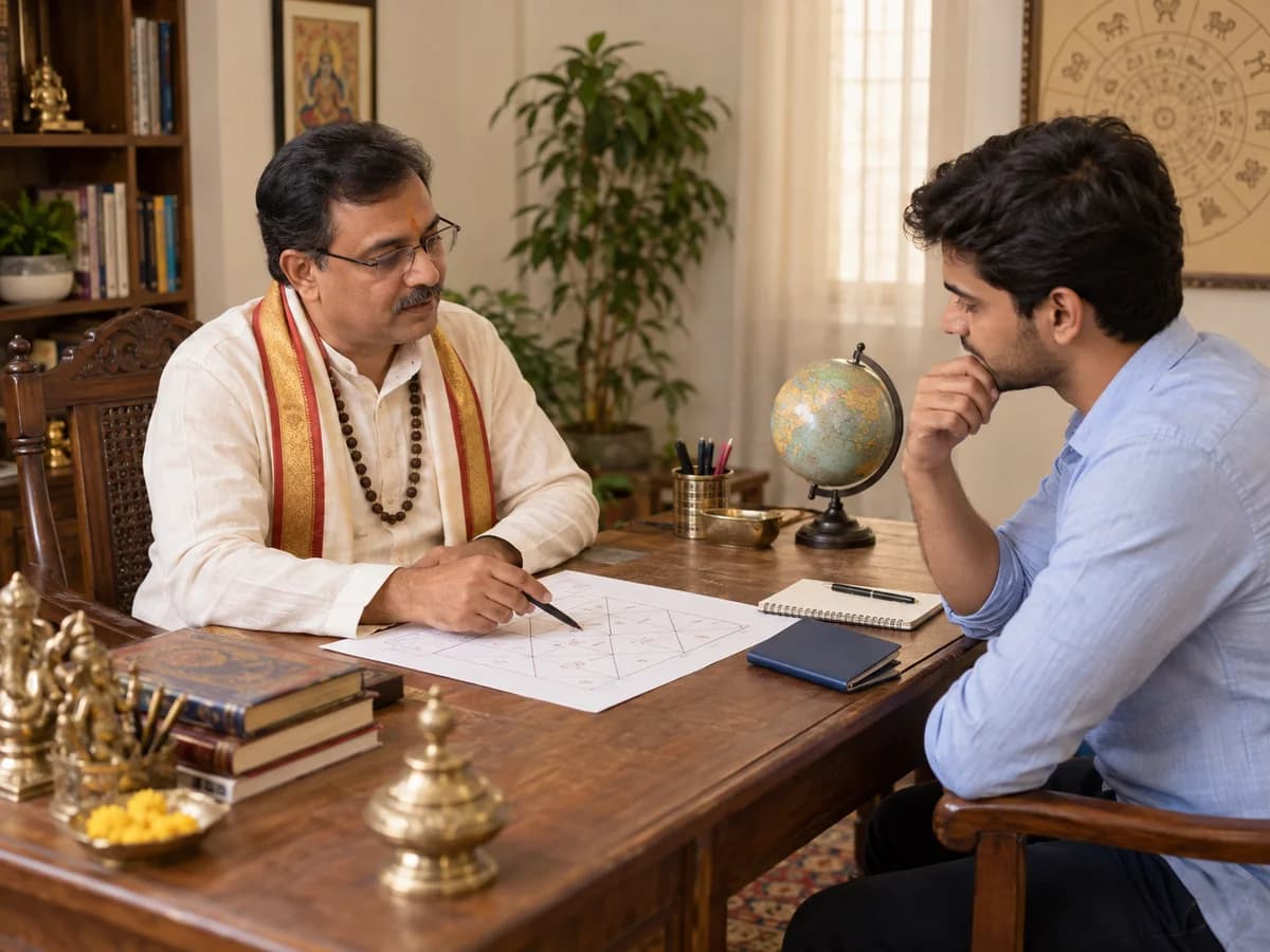An astrologer discusses overseas travel with a professional beside a birth chart, globe and travel document holder.