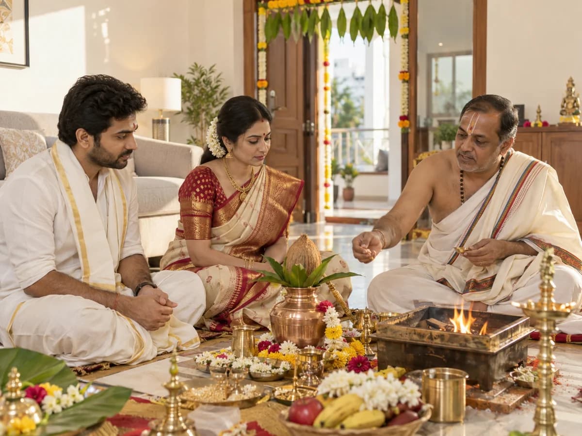 A purohit guides a family through a traditional Gruha Pravesham pooja in their new home.