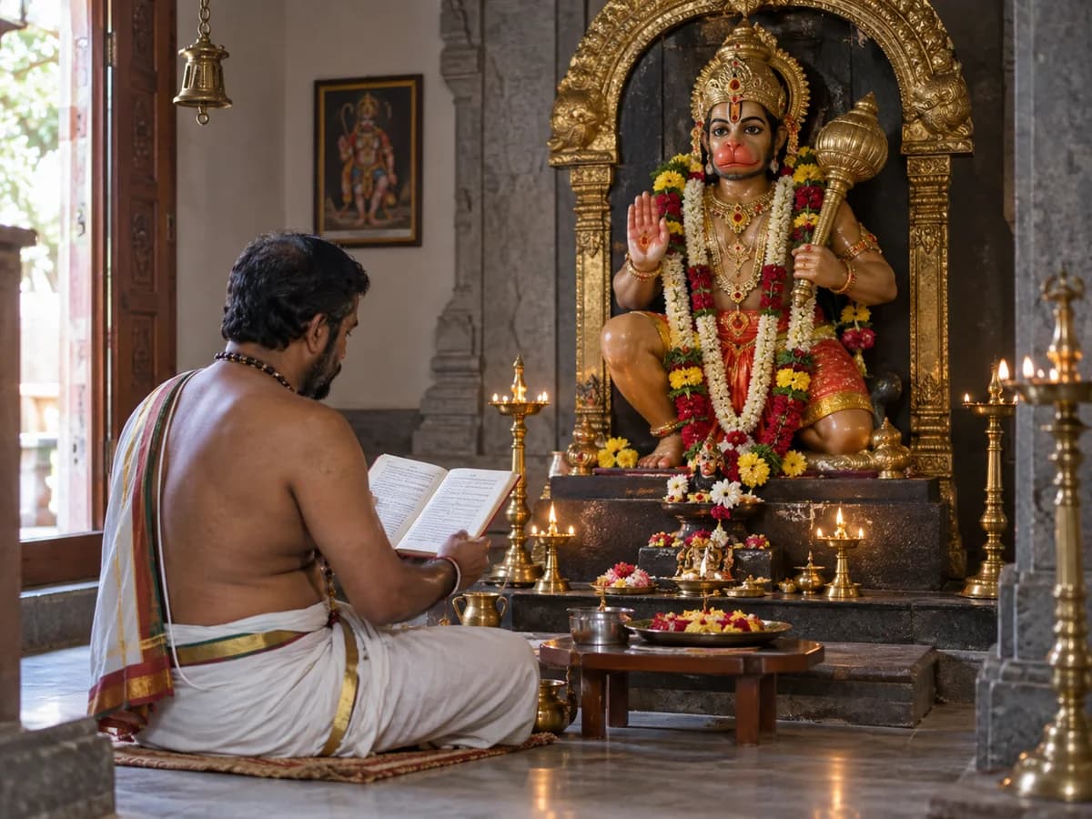 A priest recites a devotional text beside a flower-adorned Hanuman shrine and lit brass lamps.