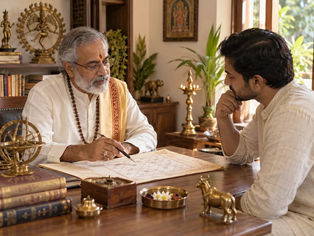 An astrologer and client discuss a birth chart in a peaceful consultation room.