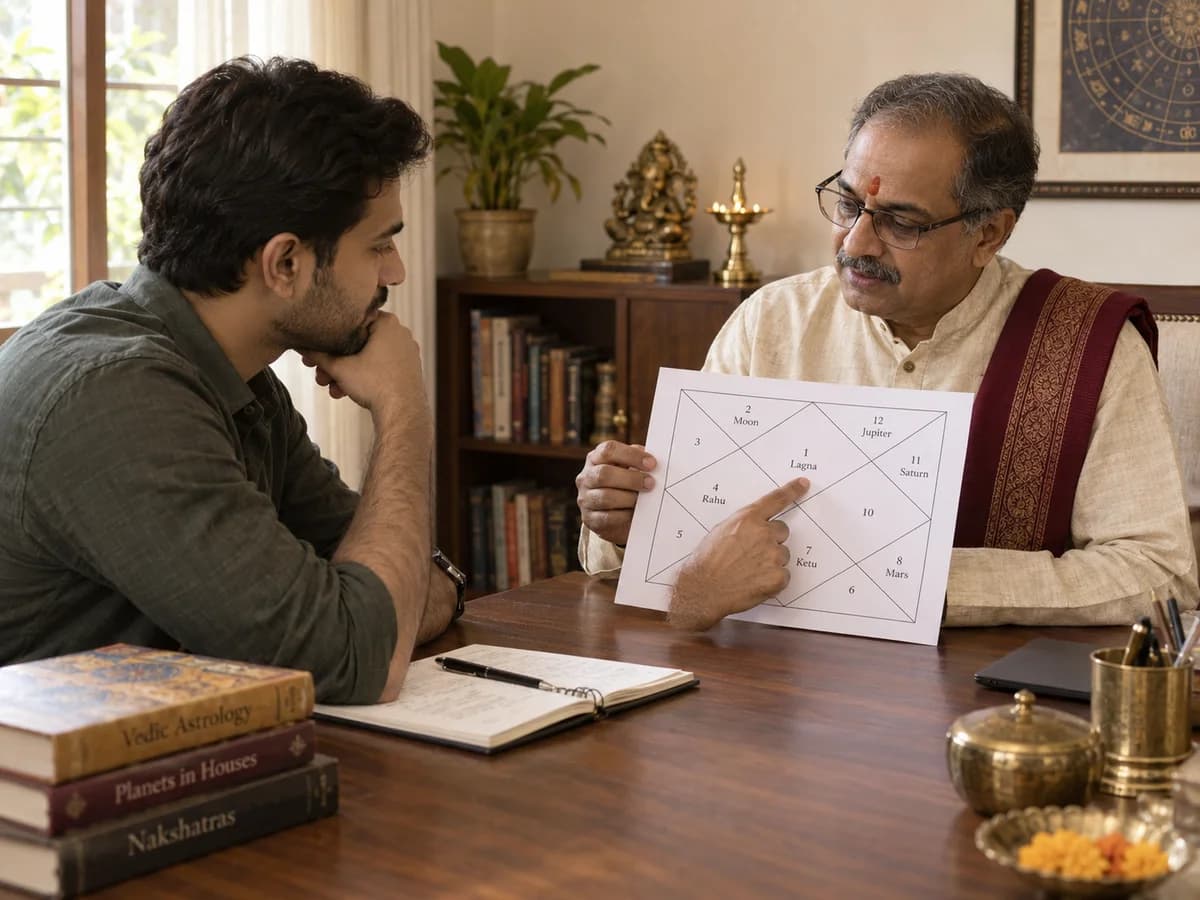 An astrologer explains a personalised birth chart to a client.