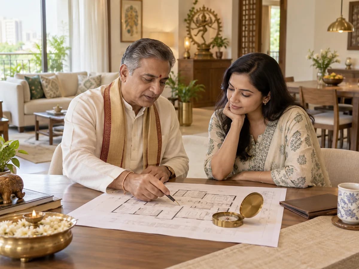 A Vastu consultant and homeowner review an interior floor plan in a bright Indian living room.