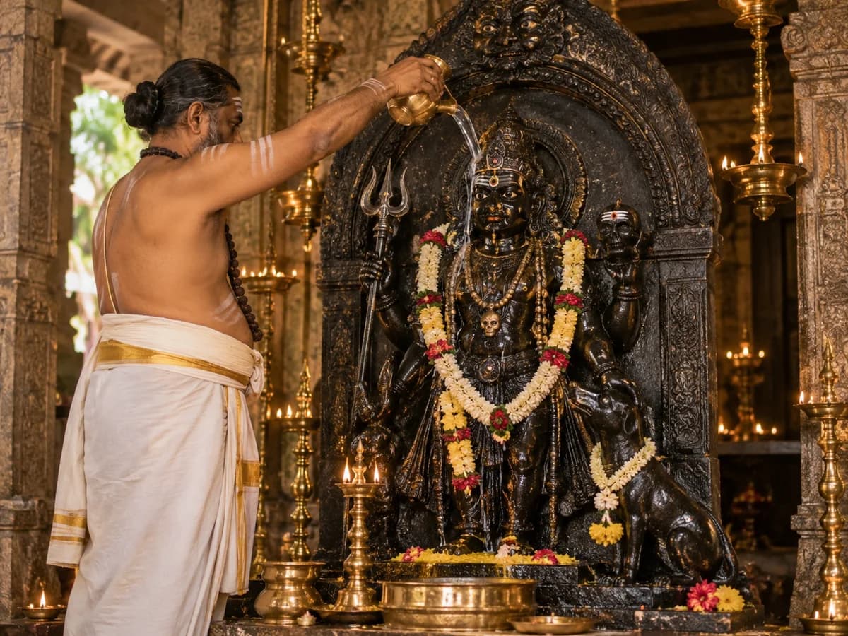 A priest pours water over a Kala Bhairava statue with a trident, dog motif, flowers and brass lamps.