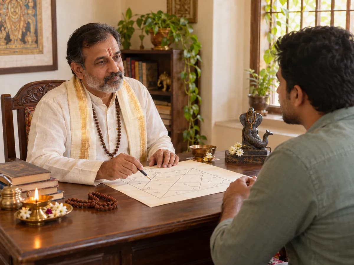 An astrologer discusses Ketu remedies with a client beside a birth chart, rosary and brass lamp.