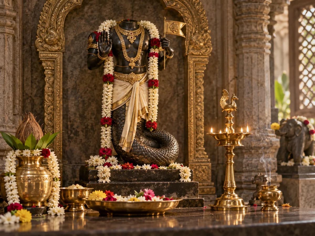A traditional Ketu shrine with a serpent tail, floral offerings and a lit brass lamp.