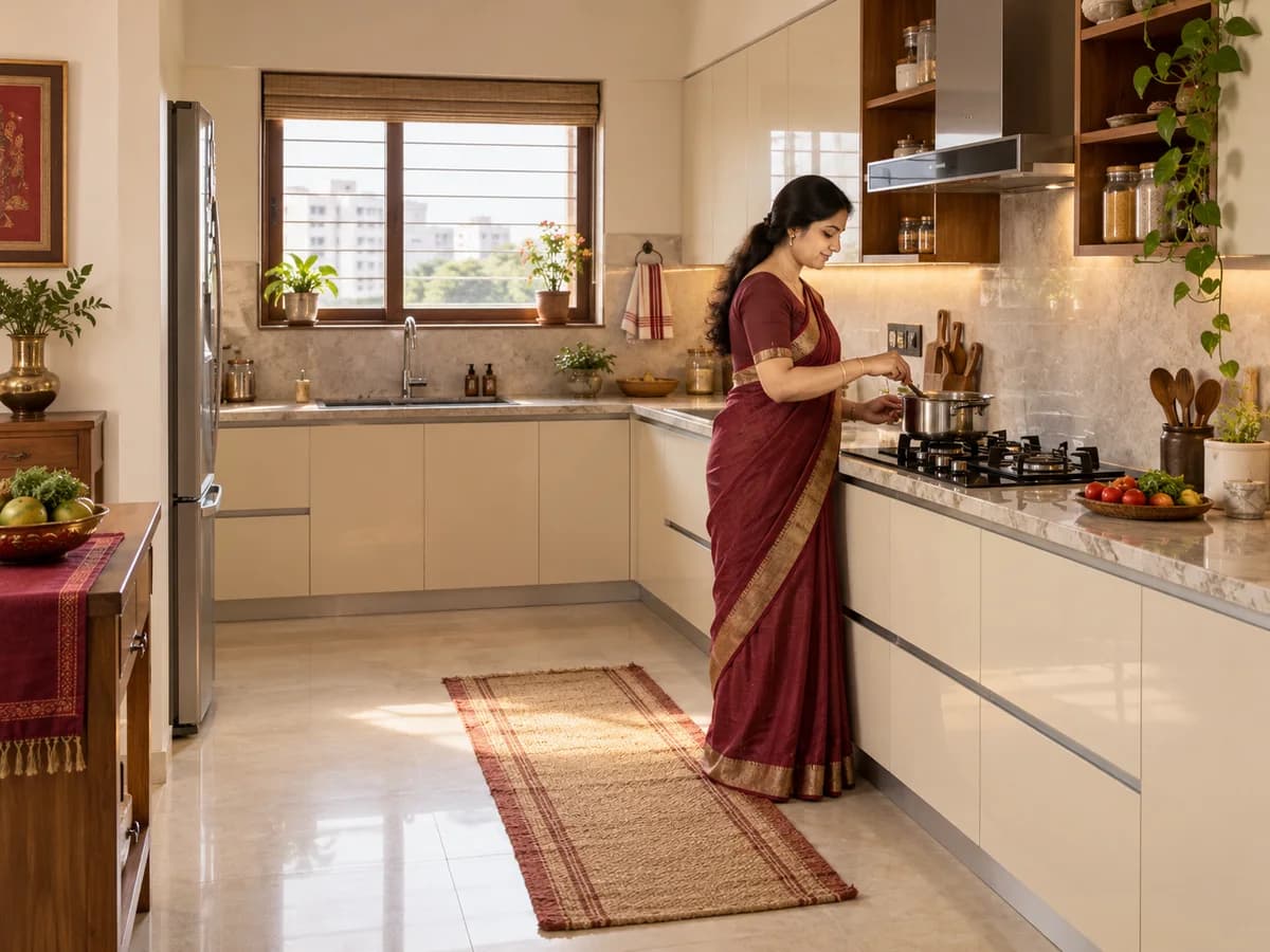A bright Indian home kitchen with separate cooking and washing areas, organized storage and a clear walking path.