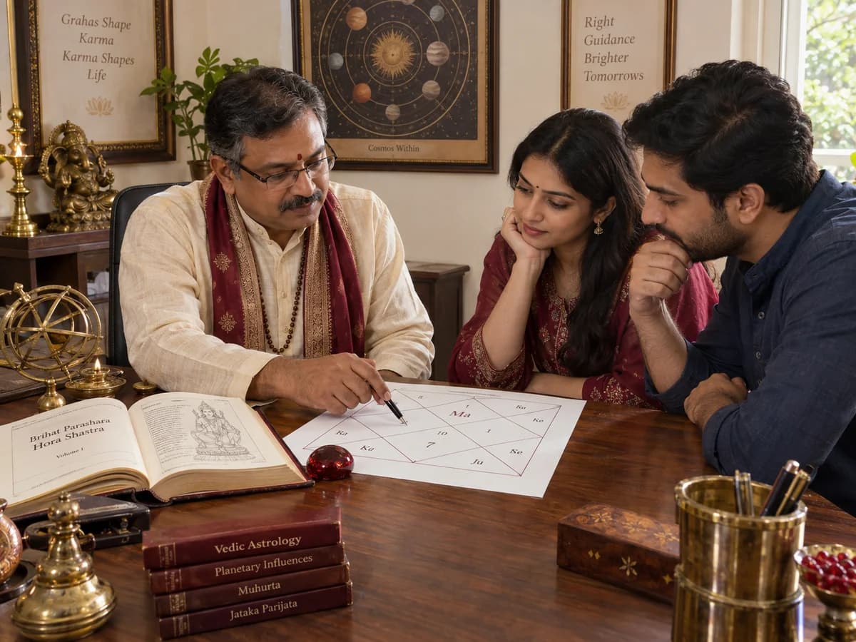 An astrologer explains a kundali chart to a couple during a Manglik Dosha consultation.
