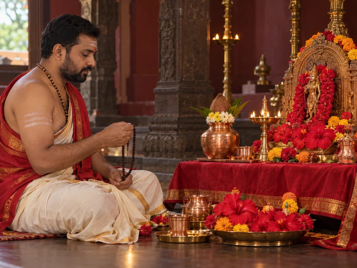 A Purohit chants with a japa mala beside red flowers, copper vessels and a lit lamp.