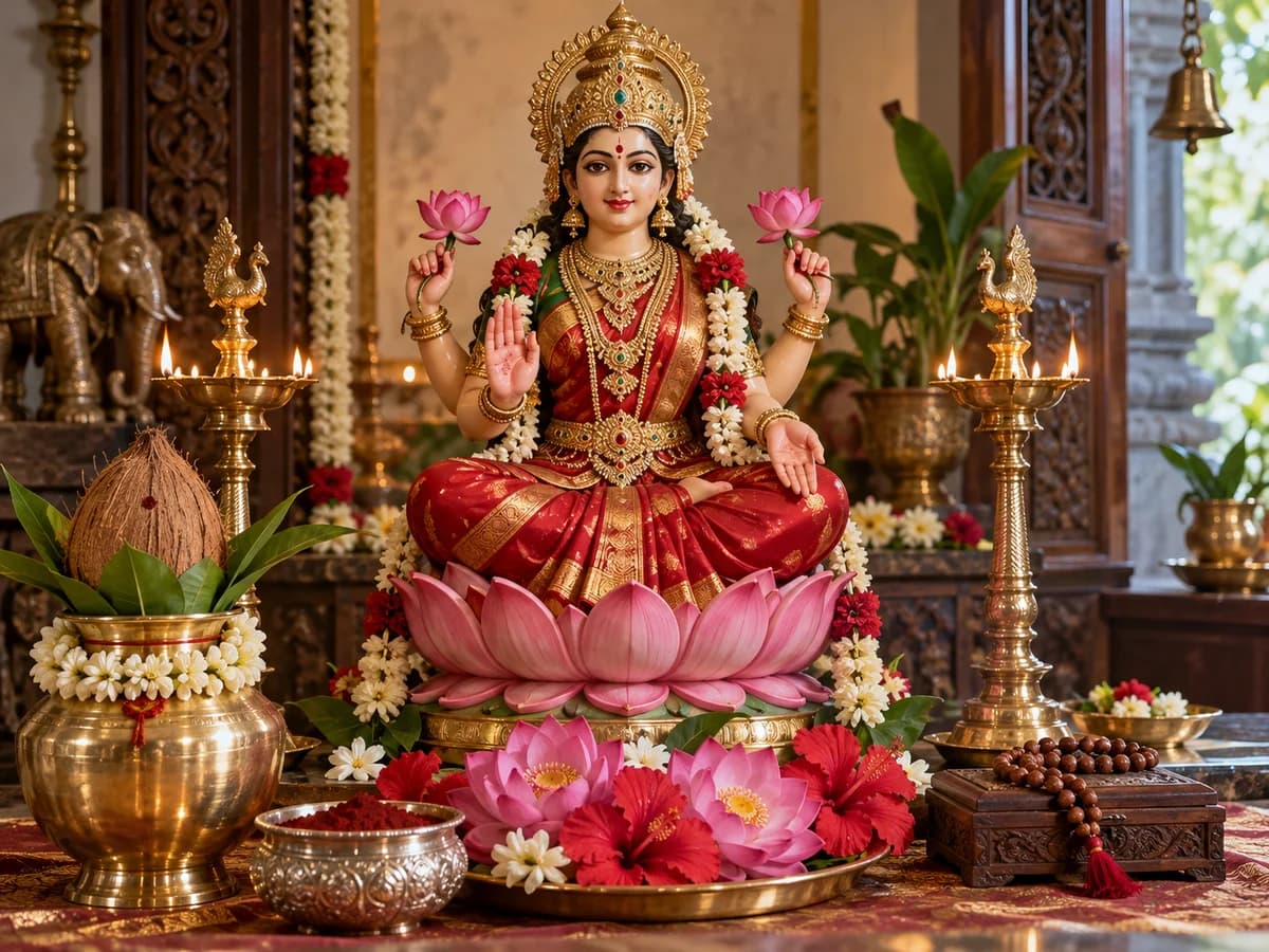 Goddess Lakshmi on a lotus pedestal with flowers, lamps, a kalash and a japa mala.