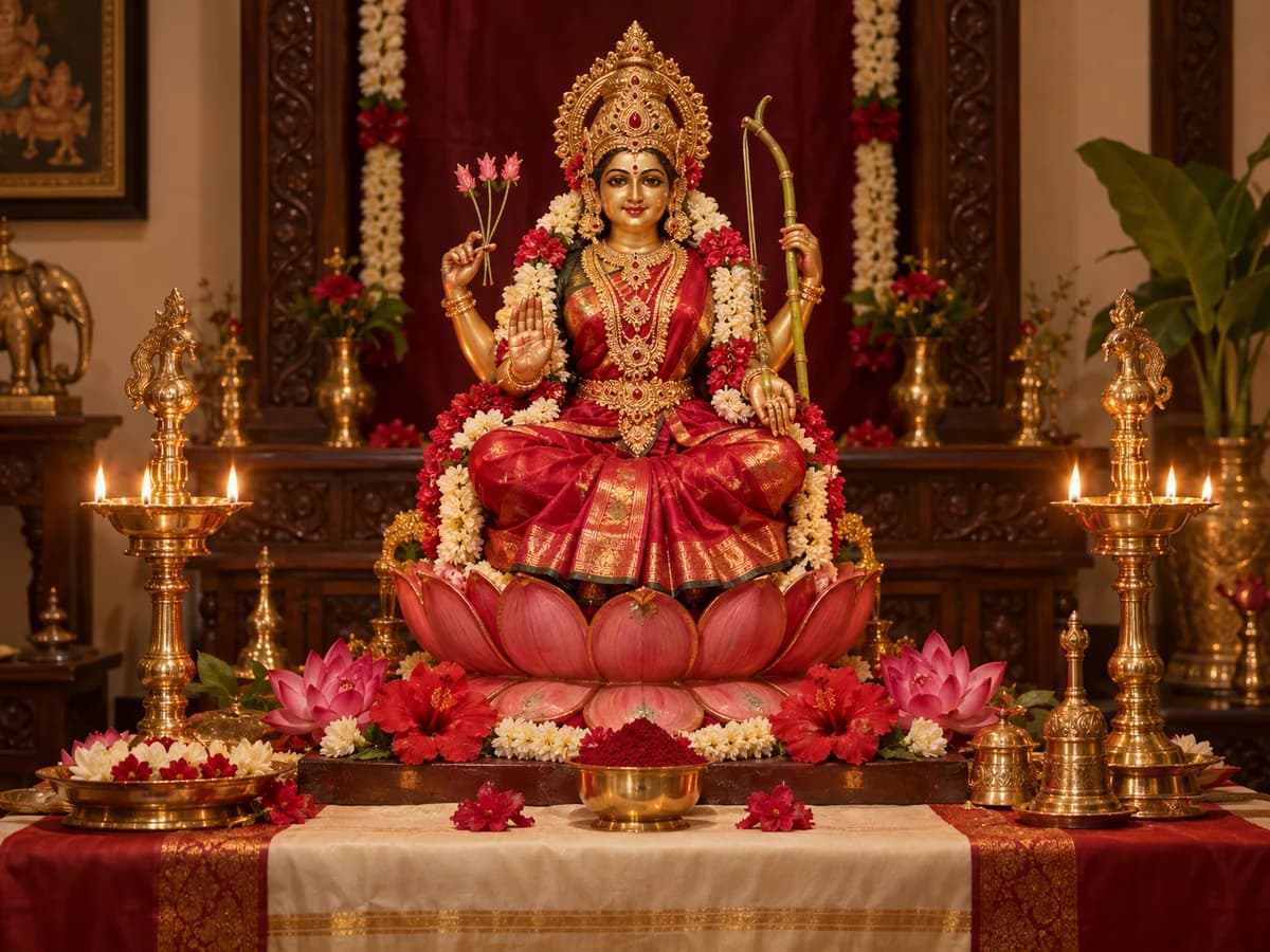 Goddess Lalitha Tripura Sundari adorned with flowers and gold ornaments at a traditional pooja altar.