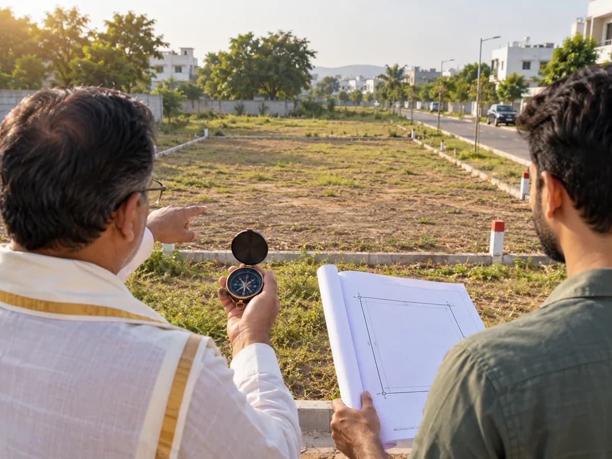 A consultant and homeowner review a site plan and compass at a vacant residential plot.