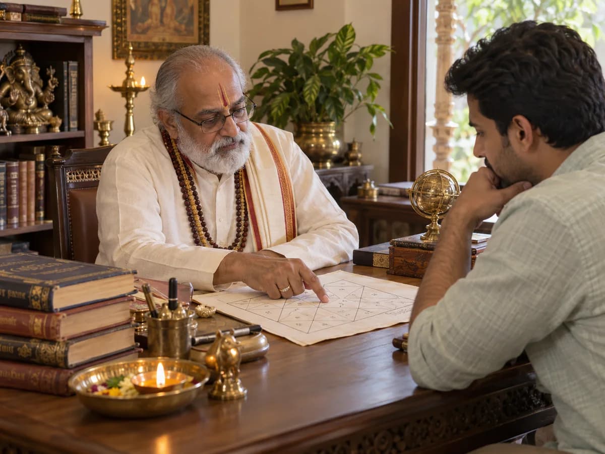 An astrologer and client discuss a birth chart at a traditional consultation desk.