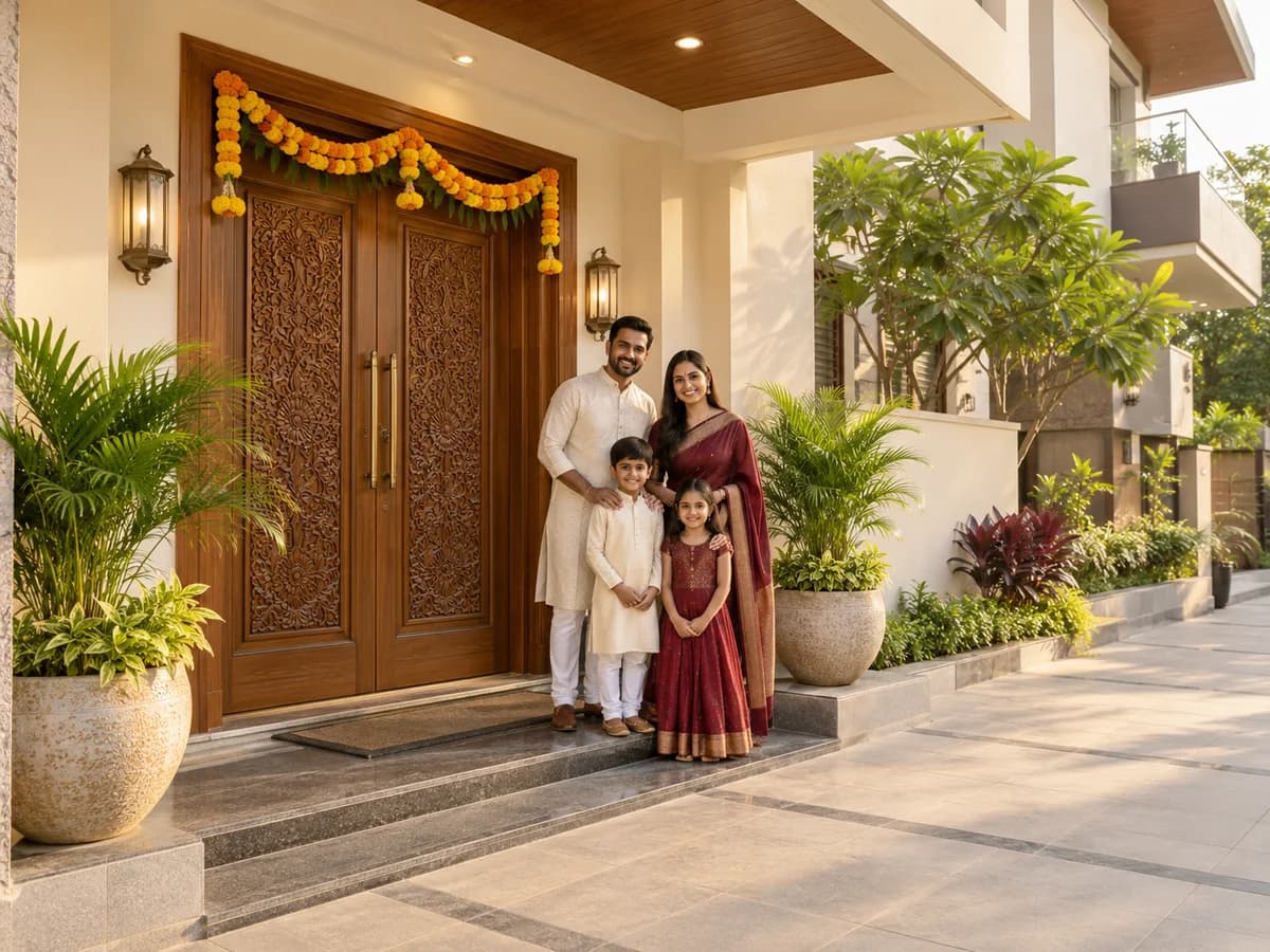 A welcoming wooden main entrance with a marigold toran, potted plants and a clear threshold.